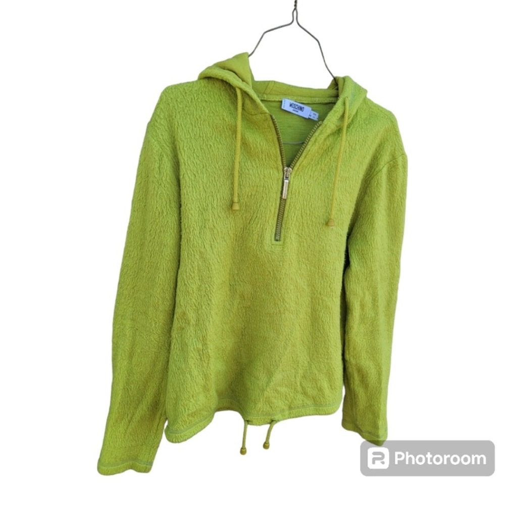 RARE Y2K 2000s Vintage Moschino Jeans Green Shag Quarter Zip Hood Crop Pullover - Picture 3 of 7